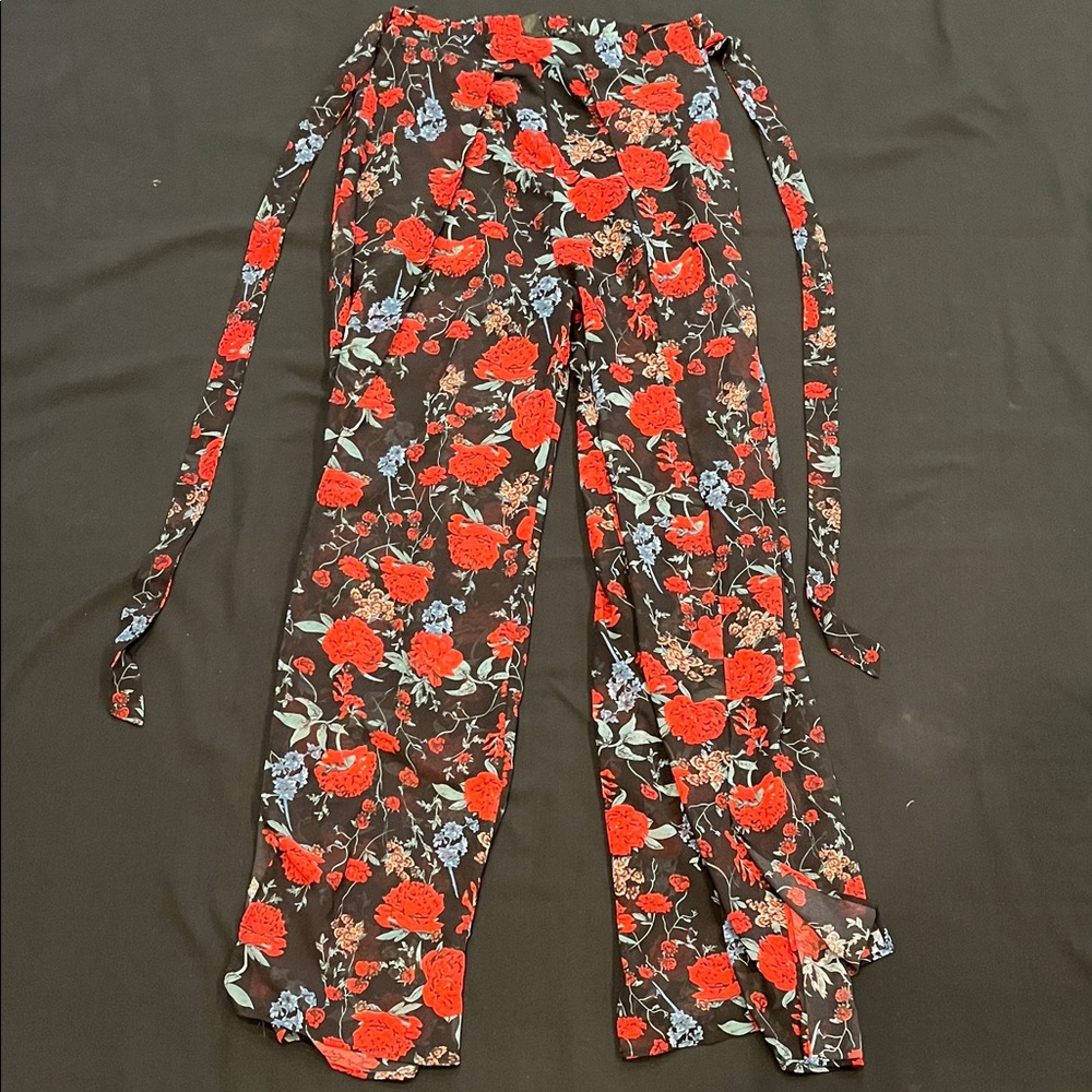 SHEIN Red and Blue Floral Wide Leg Pants